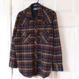 Vintage Genuine Roebucks Pearl Snap Shirt Men’s XL Long Sleeve Brown Plaid